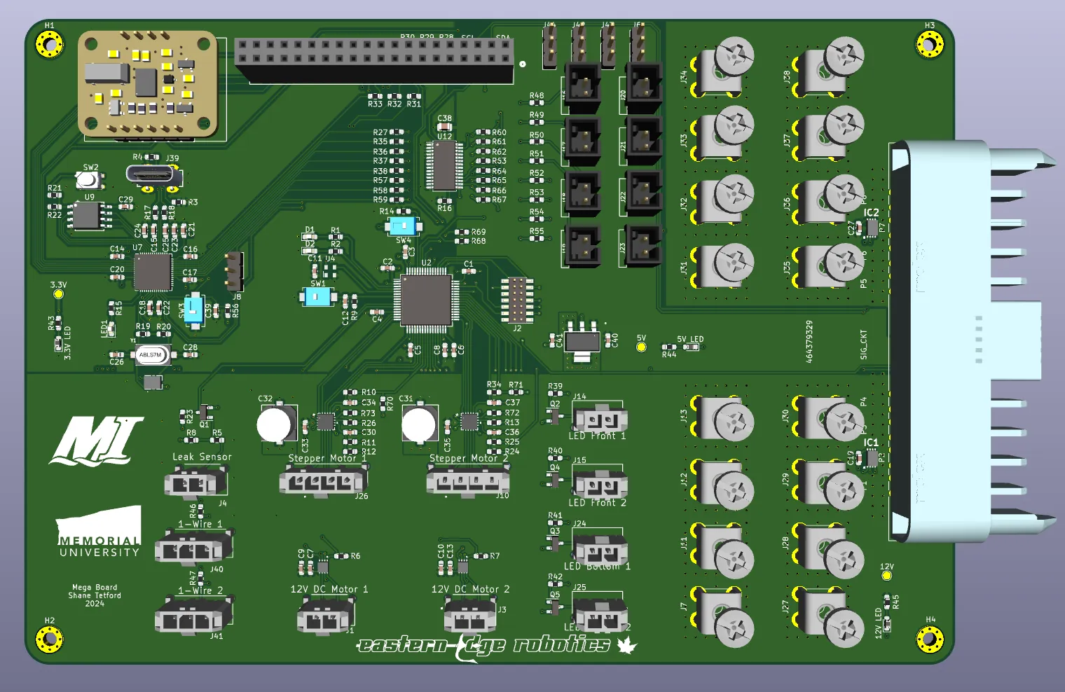 a render of mega board in kicad